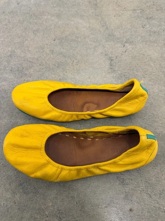 Tieks Yellow Leather Ballet Flats with Teal Heel Tab - Picture 2 of 4